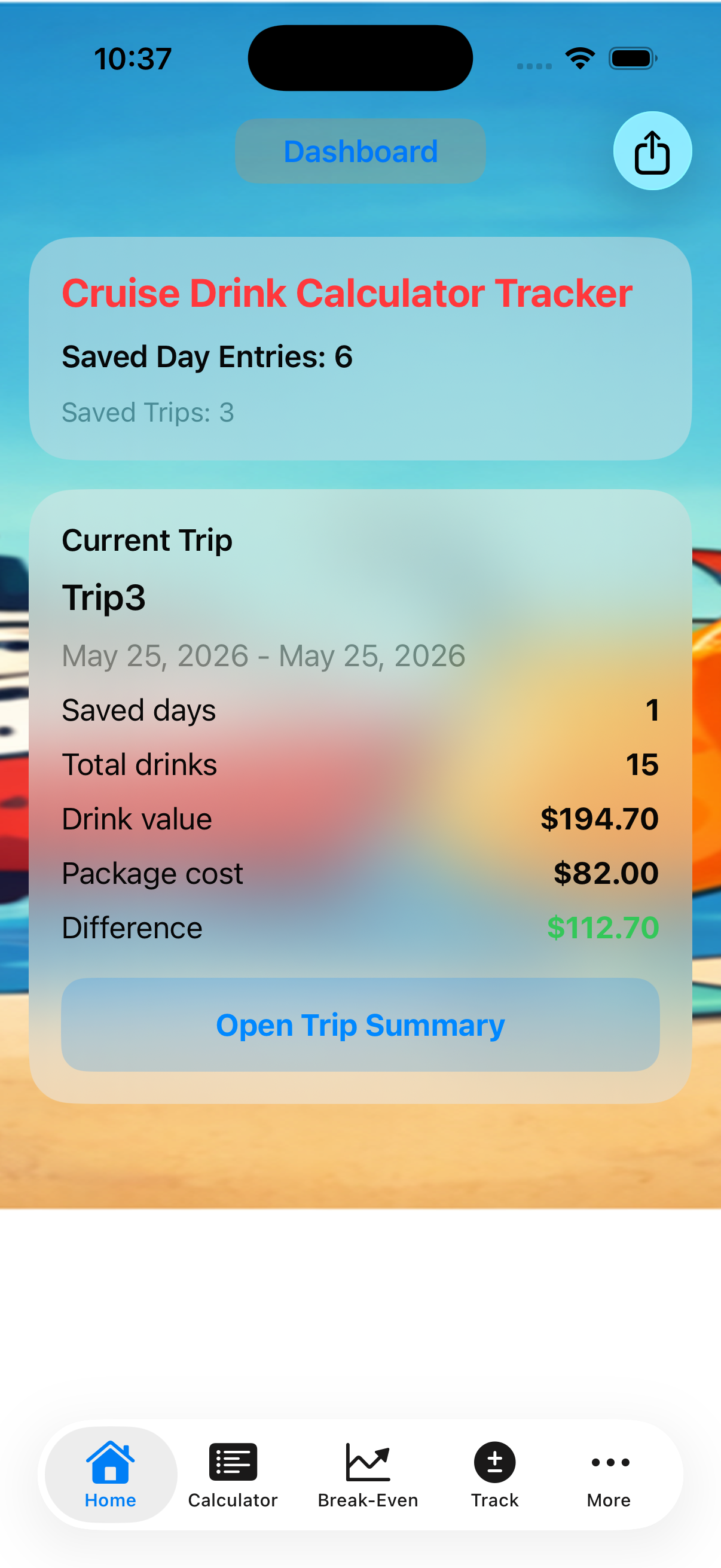 Cruise Drink Package Tracker dashboard screenshot