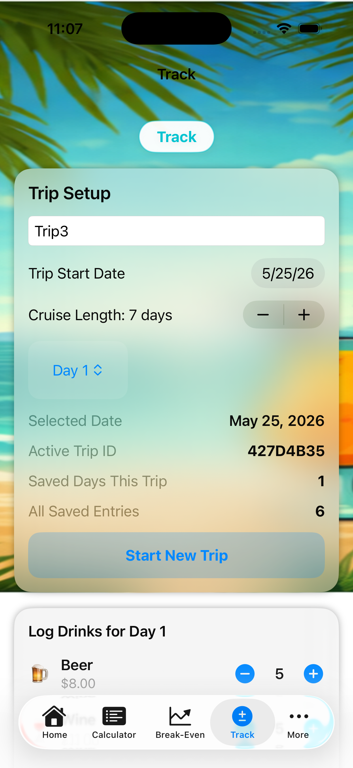Drink tracking screen screenshot